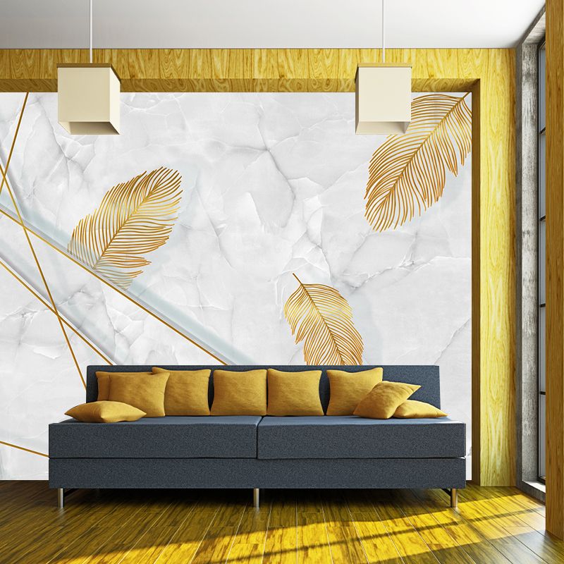 Feather and Marble Wallpaper Mural Grey-Yellow Modern Style Wall Decor for Living Room