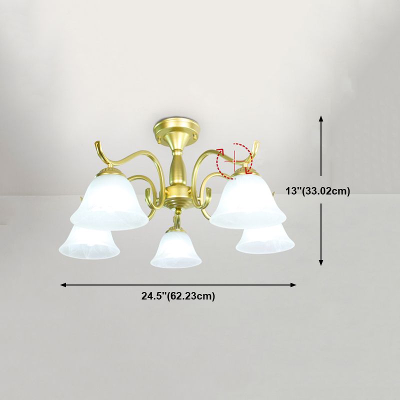 Gold Semi Flush Lamp Traditional Multi-Head Bedroom Ceiling Lighting with Glass Shade