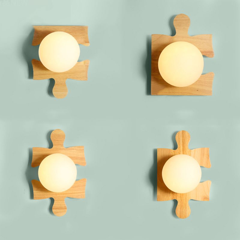 Japanese Style Orb Wall Light with Wooden Puzzle Base Glass 1 Light Beige Sconce Lamp for Corridor Kitchen