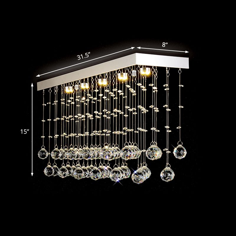 Rectangular Flush Mount Light Modern Faceted Crystal Ball 4 Lights Silver Ceiling Light for Dining Room, 23.5"/31.5"/39" Wide