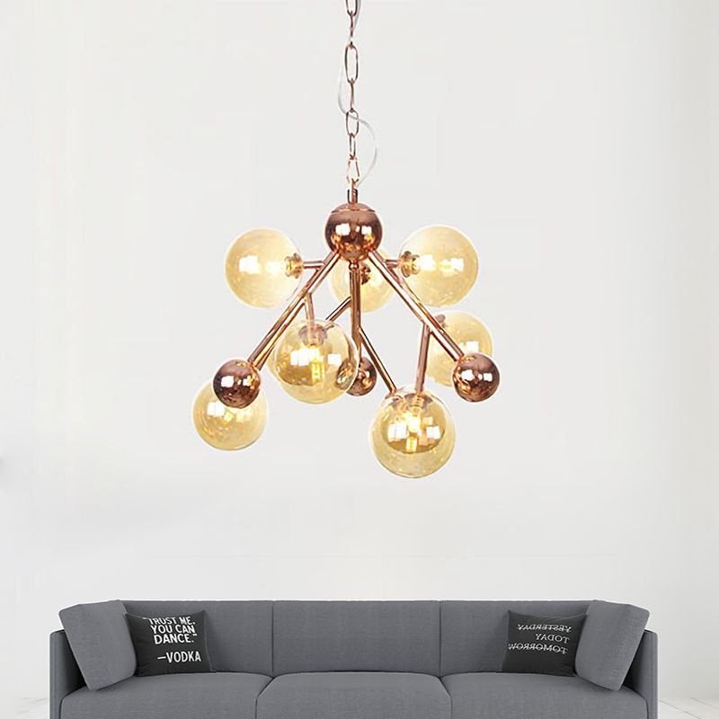 Spherical Living Room Chandelier Light Amber Glass 9 Heads Modern Ceiling Suspension Lamp