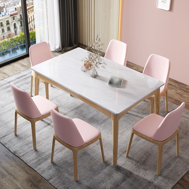 White Stone Top Table Mid-Century Modern Dining Table with 4 Wood Legs