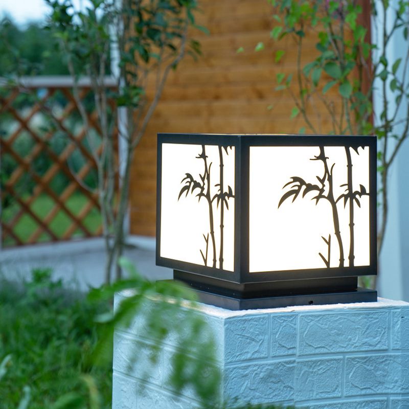 Square Shape Metal Pillar Lamp Modern Style 1 Light Solar Outdoor Light in Black