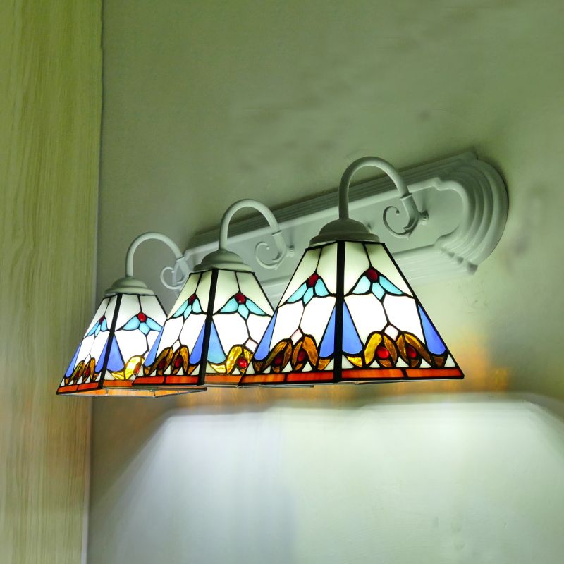 3 Head Wall Light Fixture Tiffany Pyramid Stained Glass Sconce Lighting in White