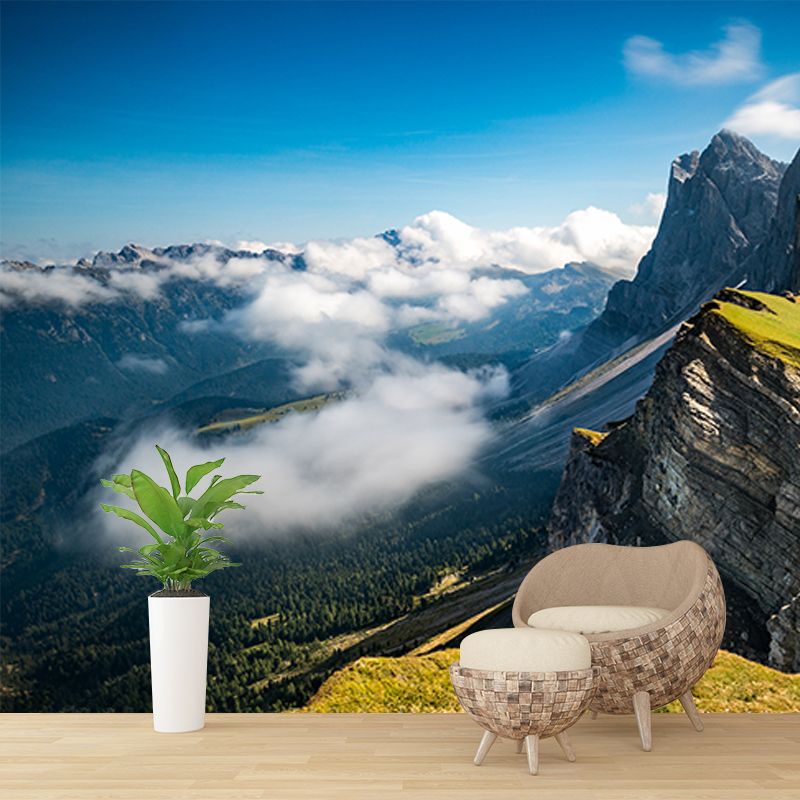 Mountains with Clouds Wall Mural Green Contemporary Wall Covering for Living Room