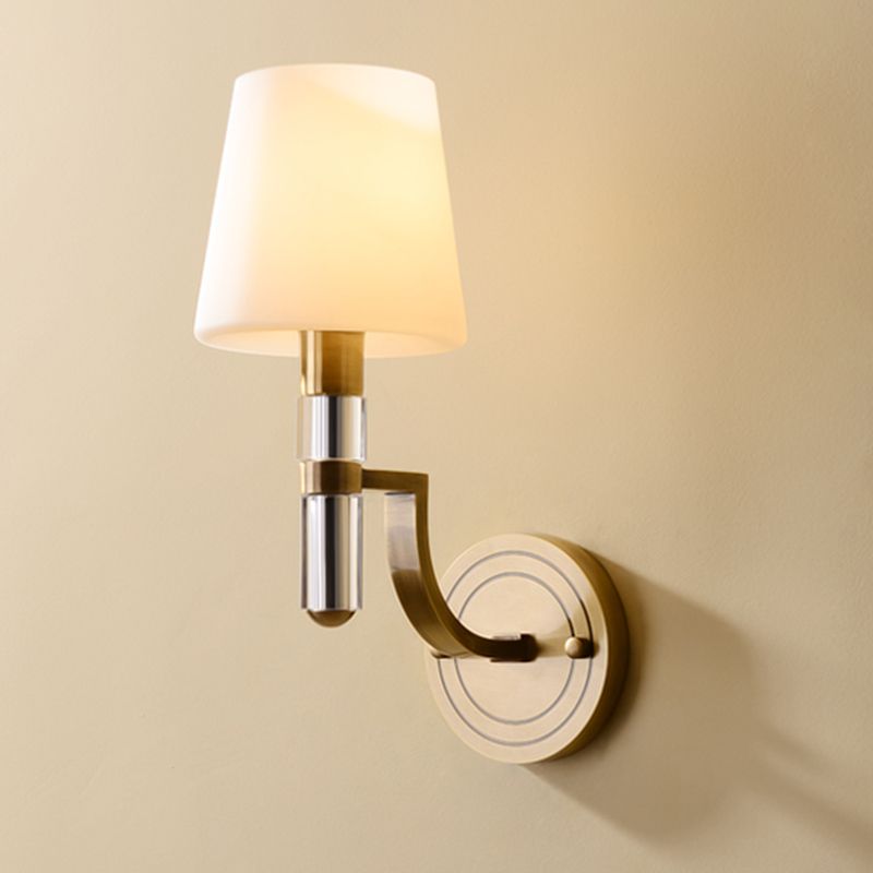 1/2-Light Tapered Wall Lamp Sconce Colonial Gold Frosted Glass Wall Mounted Light with Crystal Accent