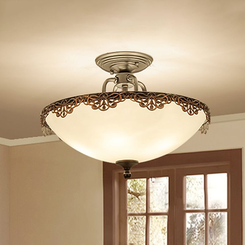 Lámpara de techo tradicional en forma de tazón 6 light White Glass Semi Flush Mount Lighting para comedor
