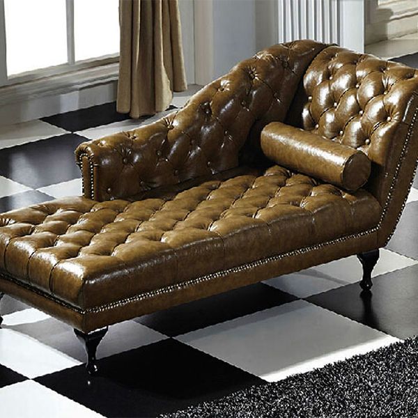 Living Room Chaise Flare Arm Leather Chaise Lounge with Tufted Upholster
