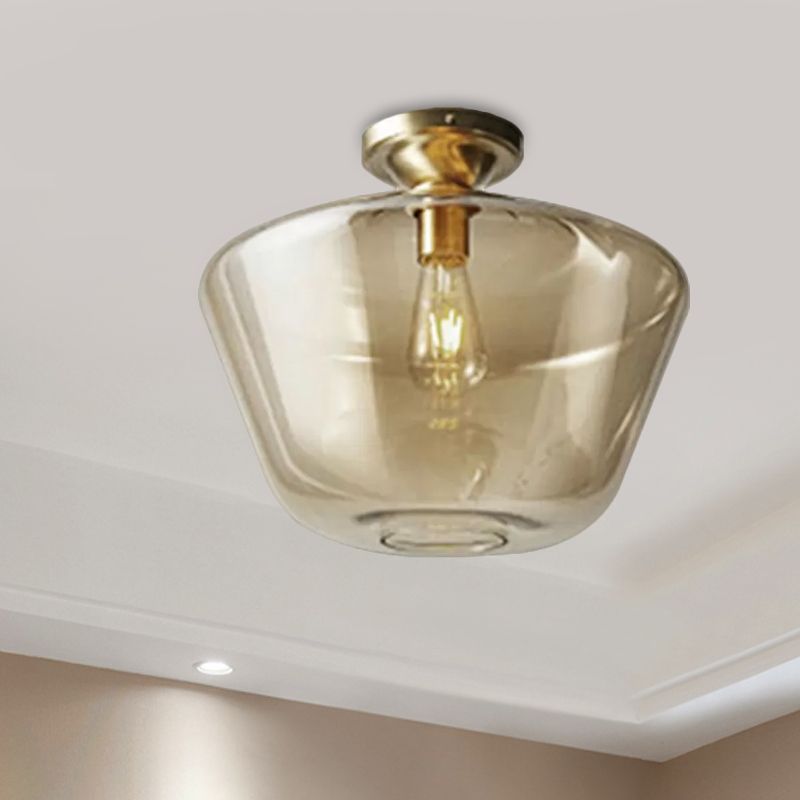 Lámpara de techo de tambor/jarrón con pantalla de cristal ámbar, lámpara de techo contemporánea de 1 luz con acabado de latón