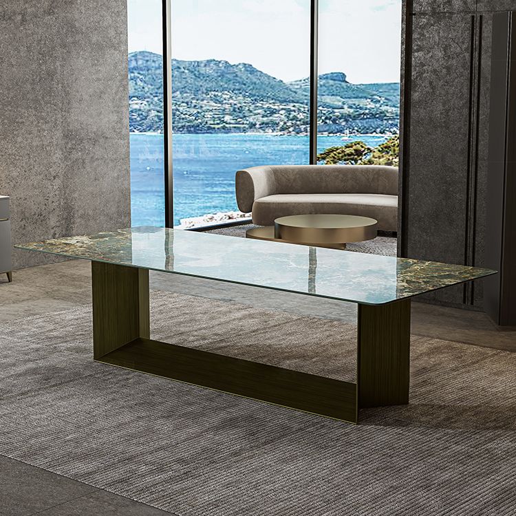Rectangle Traditional Luxury Dining Table Green Sintered Stone Table with Trestle Base