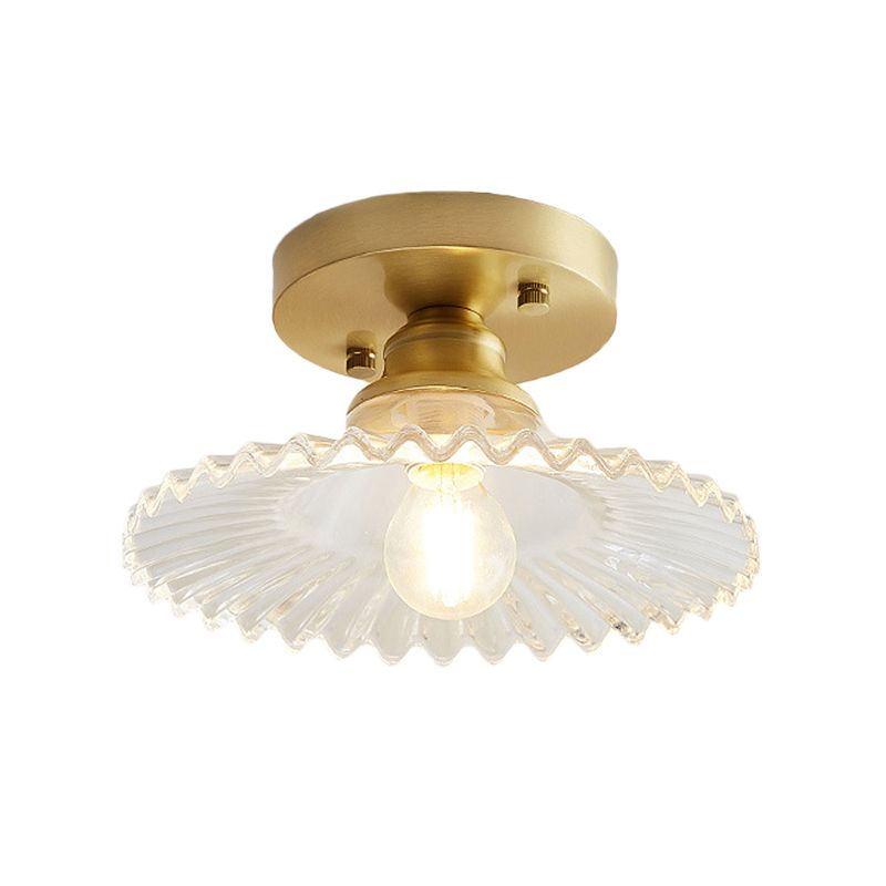 1 Light Flared Semi Flush Light Industrial Clear/Green Ribbed Glass Ceiling Mount for Living Room