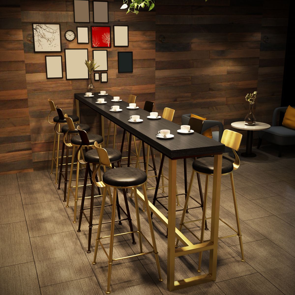 Industrial Bistro Bar Table Rectangle Solid Wood Bar Table with Gold Frame