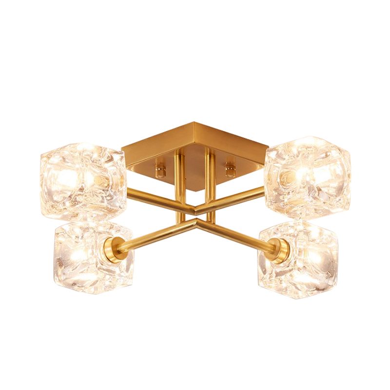 Crystal transparent carré contemporain Crystal clair Crystal 4/6 Éclairage de plafond de chambre à coucher en laiton