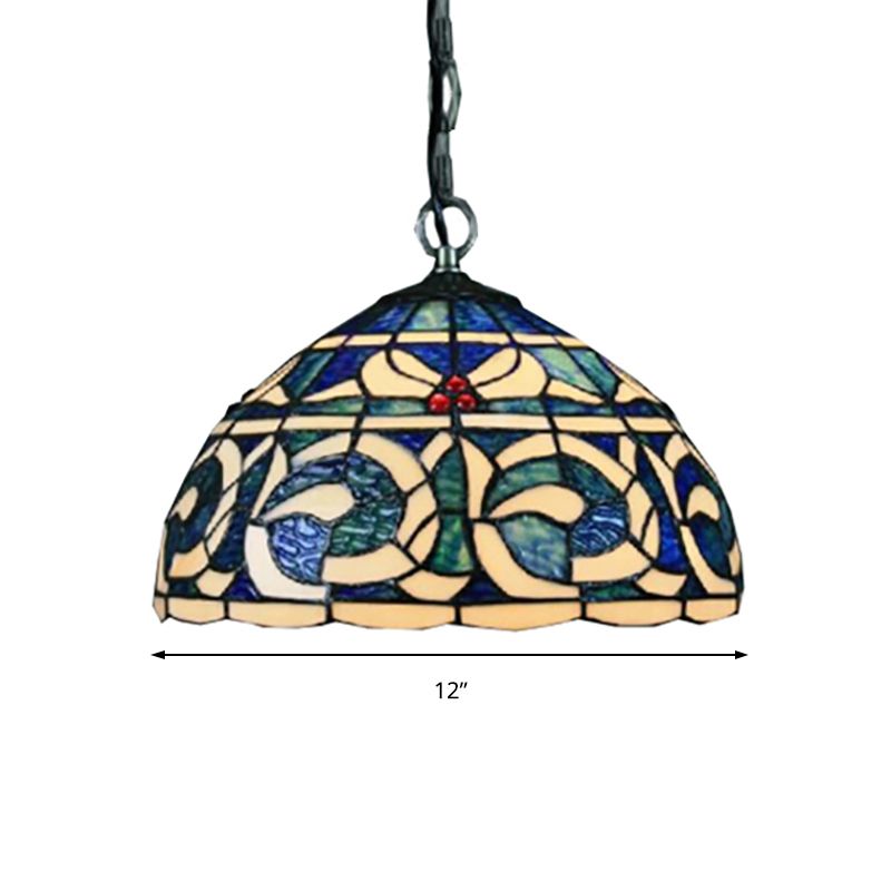 Stained Glass Domed Glass Suspension Light Retro Loft Tiffany Hanging Light in Blue for Restaurant