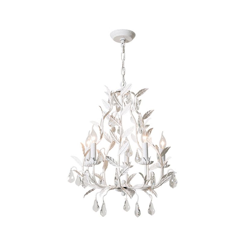Leaf Hanging Chandelier Traditional 5-Bulb Dangling Crystal Bead Suspended Lighting Fixture in Grey/White