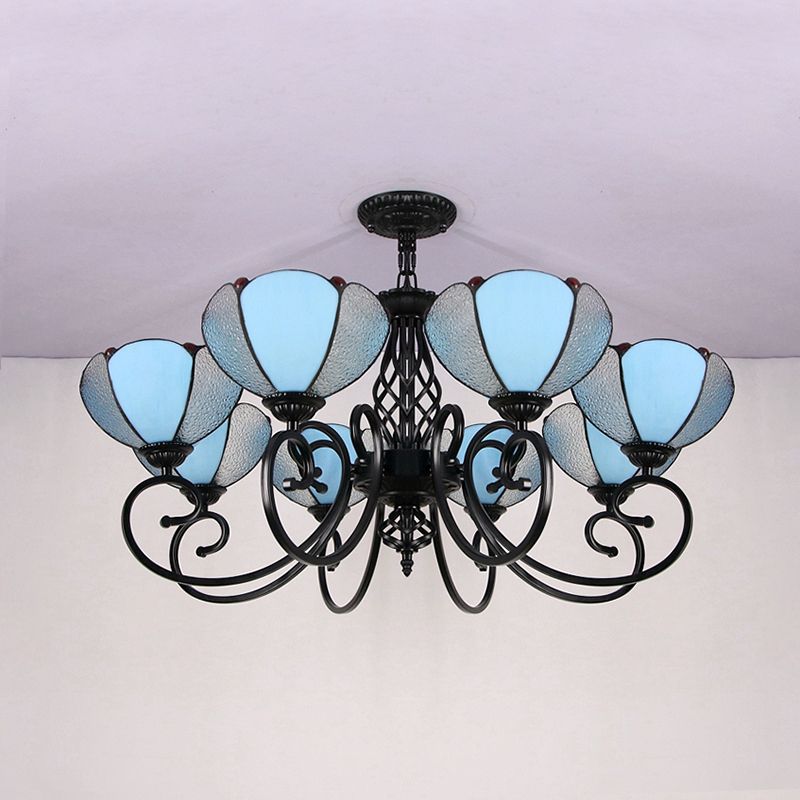 Rustic Petal Shape Chandelier Light Blue and Clear Glass Shade 8 Lights Pendant Light for Hallway
