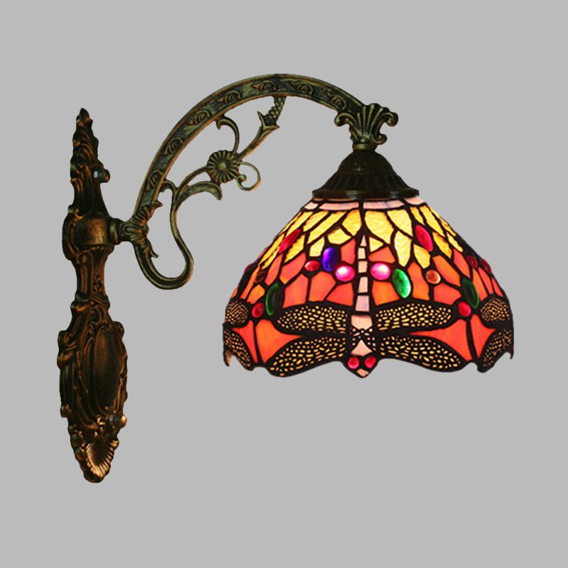 1-Head Bedroom Wall Mounted Lamp Tiffany Bronze Sconce Light with Cone Dragonfly Patterned Glass Shade