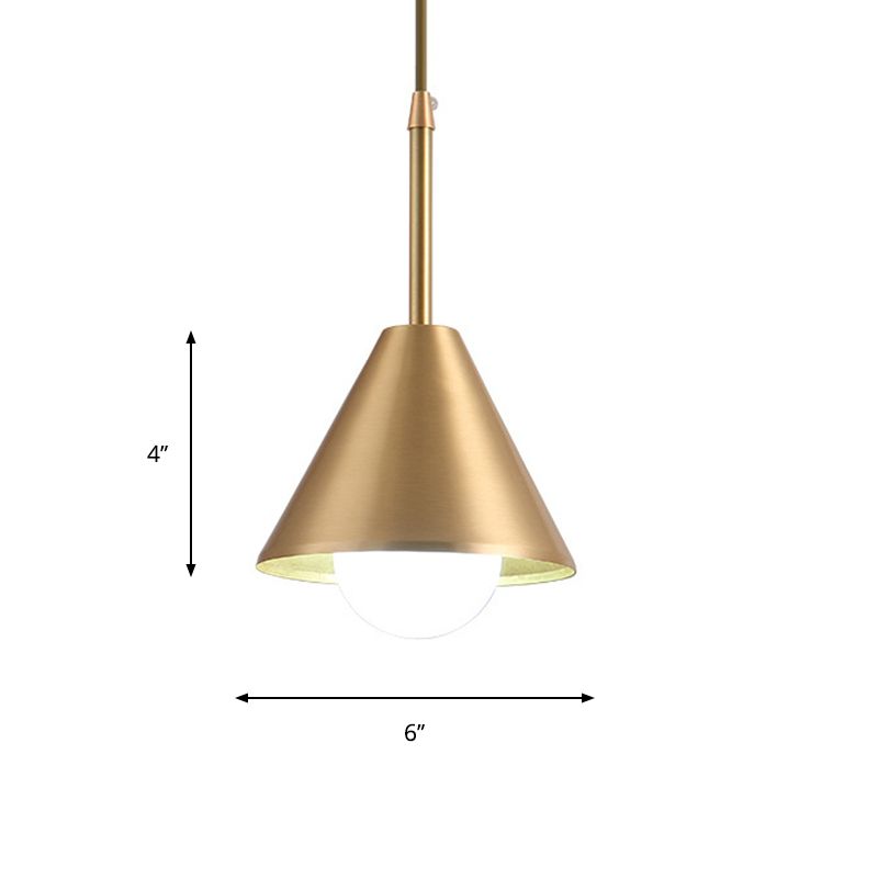 Mid Century Cone Metal Pendant Light Single-Bulb Ceiling Suspension Lamp in Brass over Dining Table