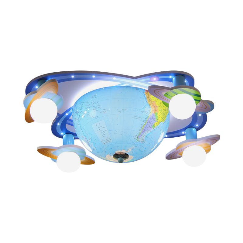 Rotatable Earth Orbit Flush Ceiling Light Kids Acrylic 4 Bulbs Blue Flush Mount Fixture in White/3 Color Light