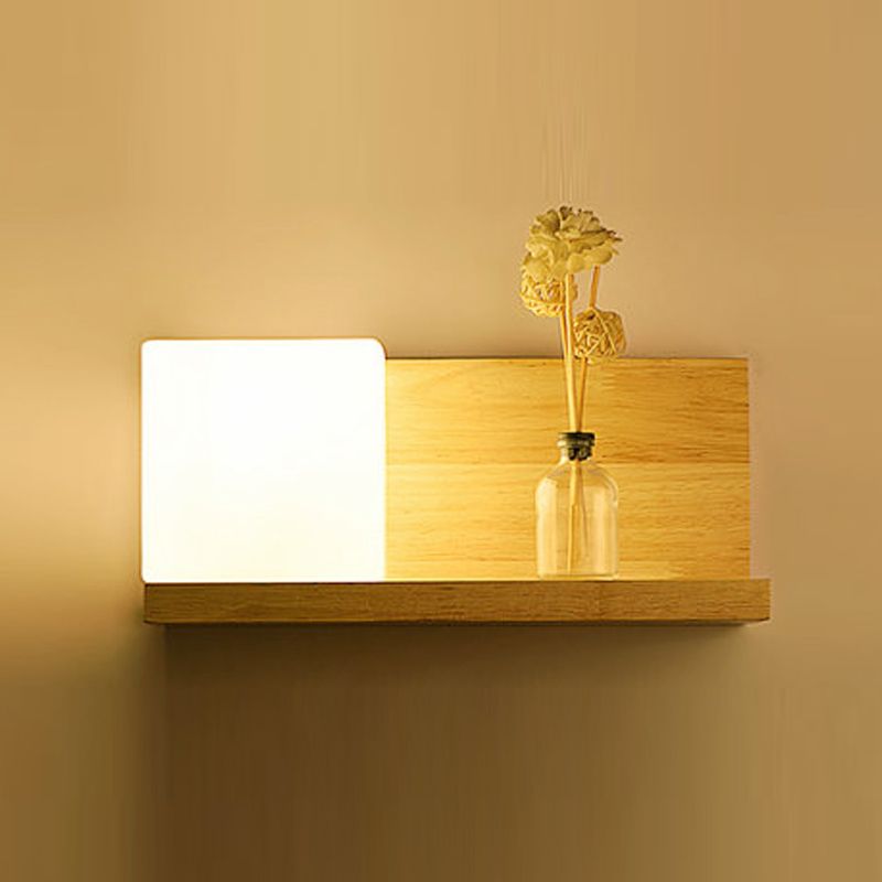 Nordic Style Wood Wall Light Geometric Shape Wall Sconce with Glass for Living Room