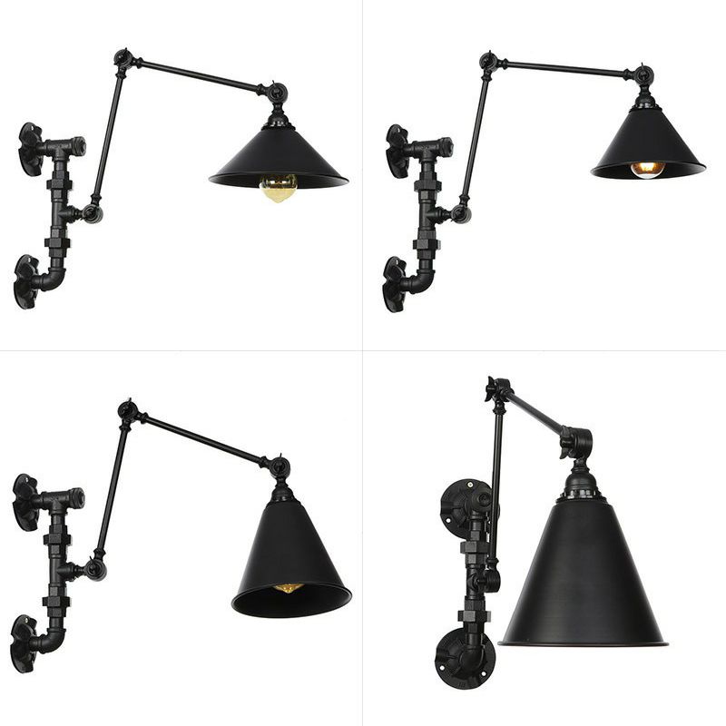 Cone/Flared Living Room Wall Lamp Fixture Industrial Iron 1-Light Black Rotatable Wall Light with Water Pipe Bracket