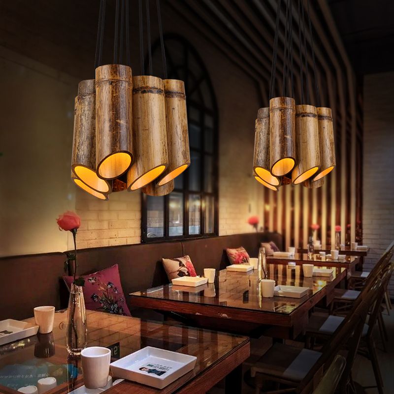 Eight-light Bamboo Hanging Lamp Antique Tube Suspension Light in Beige for Bistro Restaurant