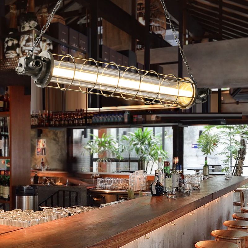 Cage cylindrique Cage à LED LED Éclairage de pendentif en métal industriel en argent industriel avec teinte en verre transparent intérieur