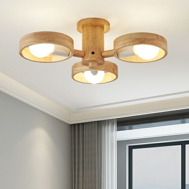 Ring Shaped Semi Flush Chandelier Simplicity Wooden Bedroom Flush Mount Ceiling Light