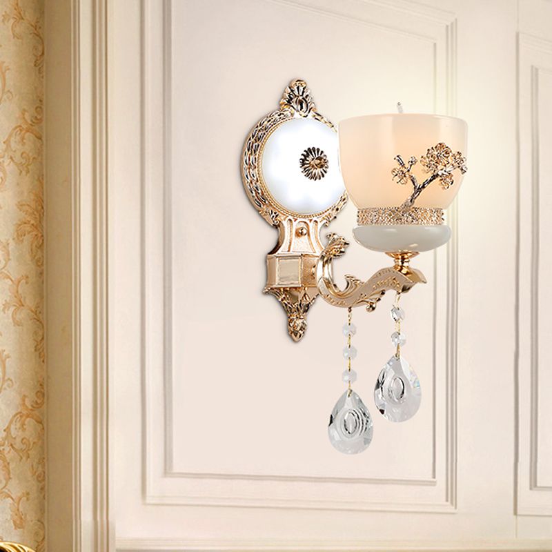 1/2-Bulb Flower-Embossed Bowl Sconce Rustic Gold Frosted Glass Wall Light with Crystal Drop