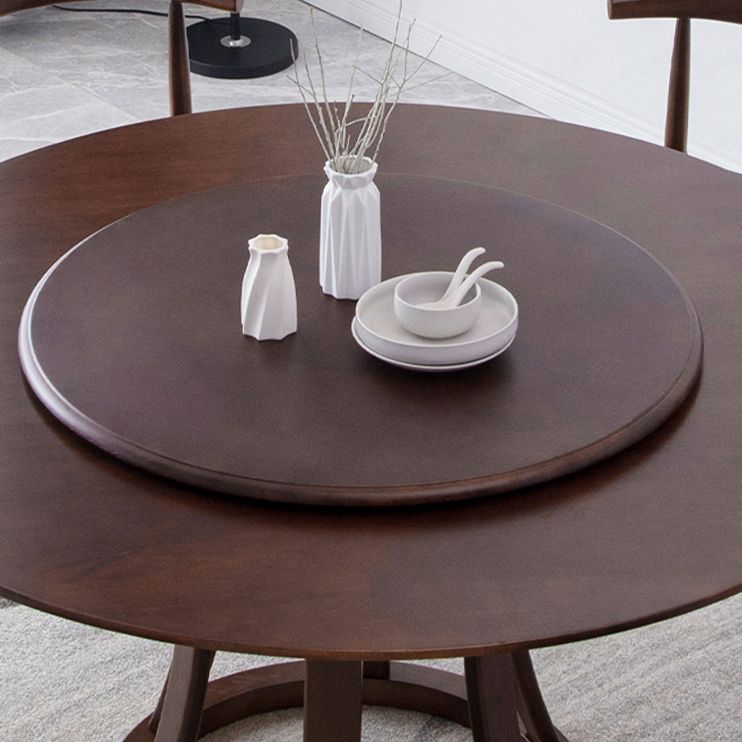 Rotatable Wooden Round Table in Brown Rubber Wood Dining Table with Pedestal