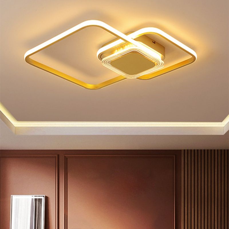 Zeitgenössische LED-Deckenleuchte mit 2-Rhombus-Rahmen aus Metall für die Unterputzmontage in Schwarz/Gold für Schlafzimmer