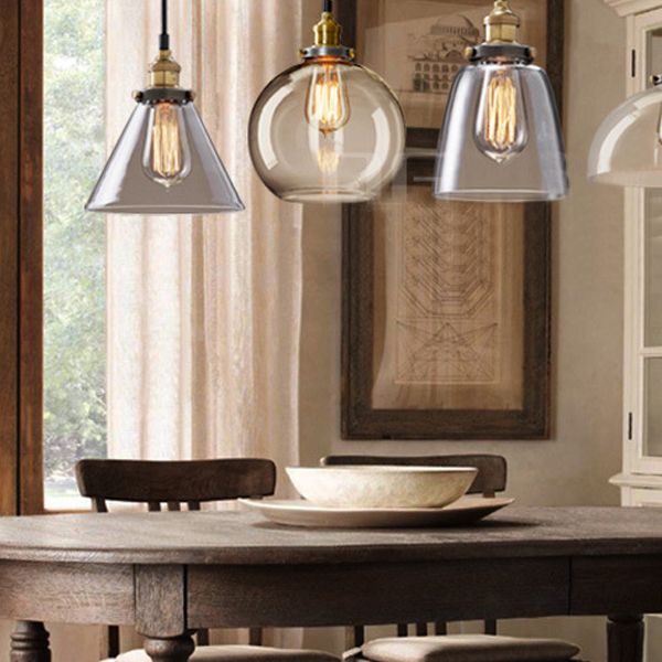 Industrial Vintage Geometric Pendant Light Electroplate Iron Hanging Lamp with Glass Shade
