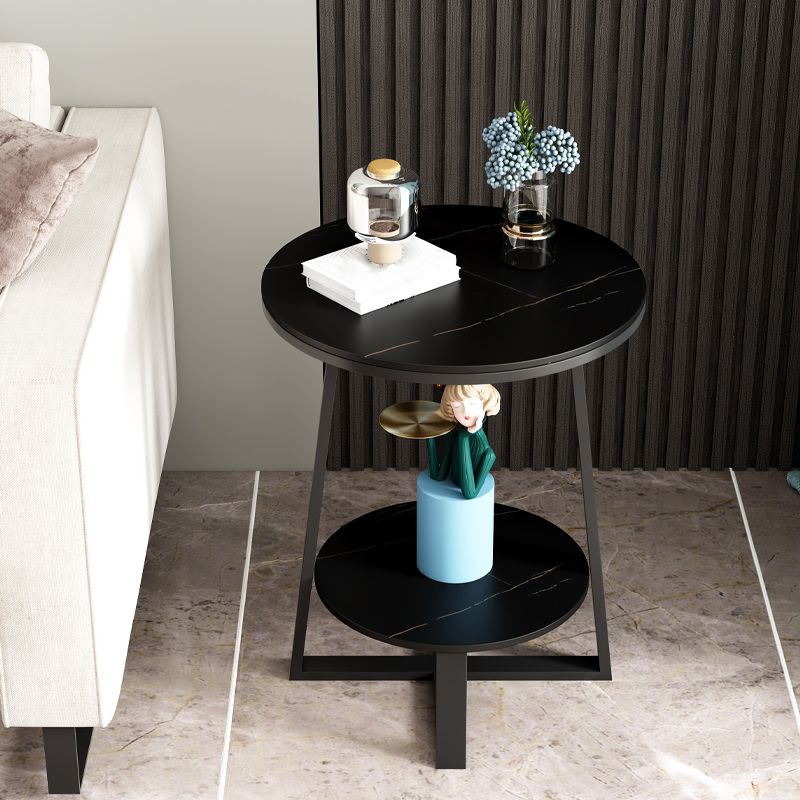 Round Slate Top Side Table 23.6" Tall Iron Cross Legs End Table with Shelf