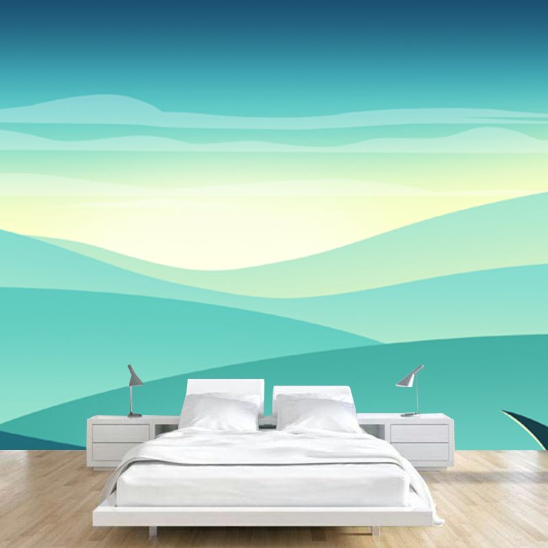 Green Modernist Mural Wallpaper Full-Size Sunrise Landscape Wall Decor for Bedroom