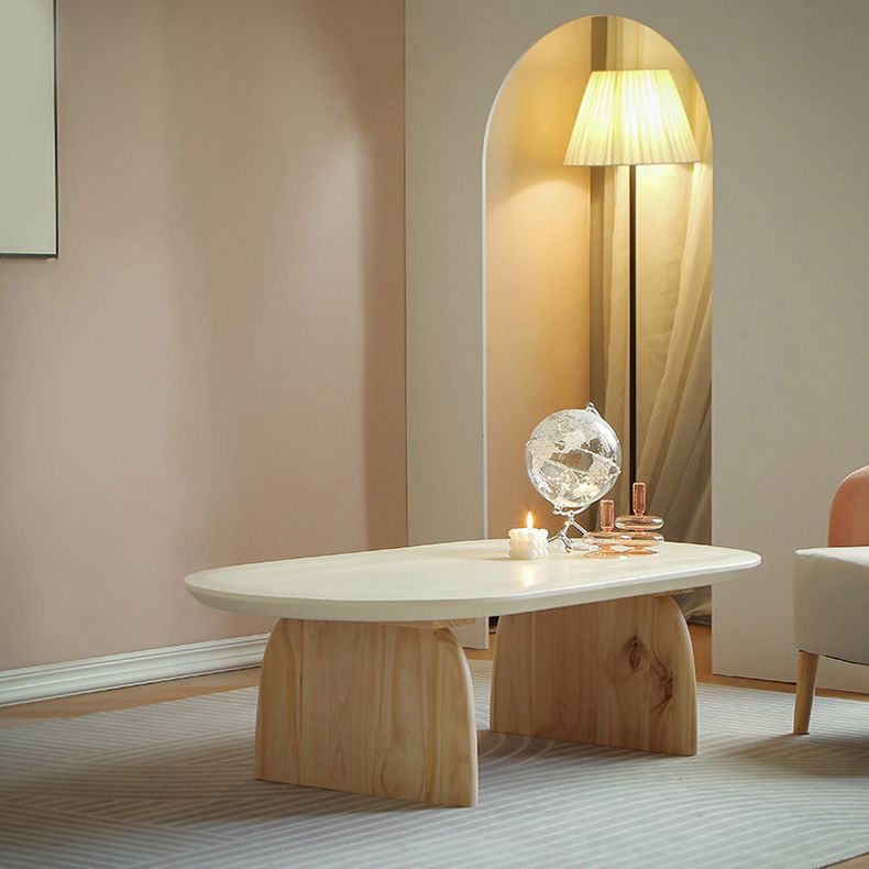 Oval Pine Wood Coffe Table with Wooden Sled Base Cocktail Table