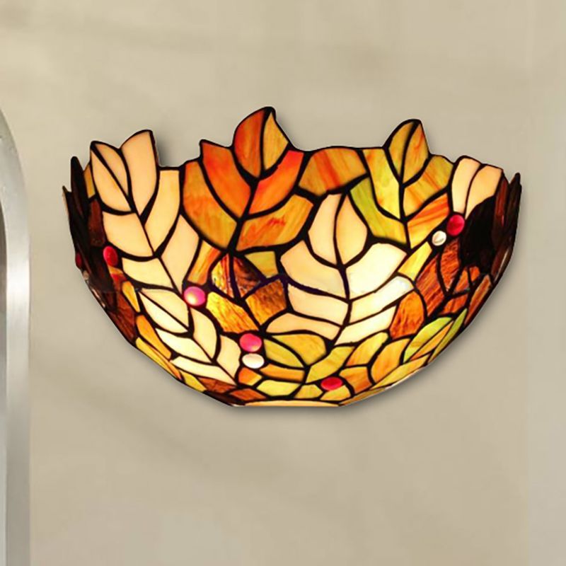 Leaf Wall Light with Stained Glass Bowl Shade 2 Bulbs Lodge Style Sconce Lighting
