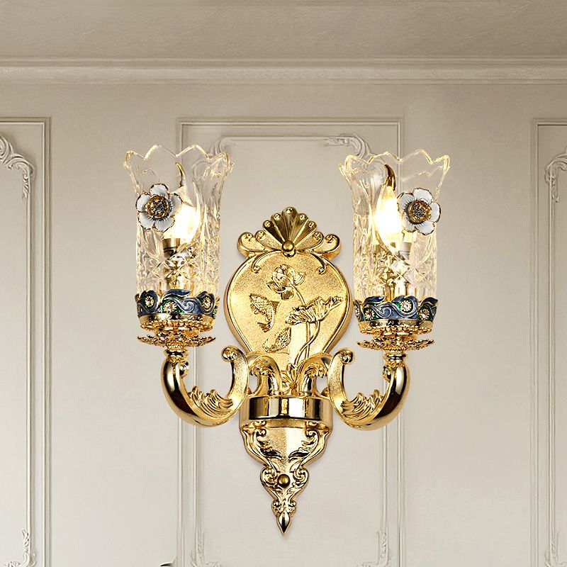 Gold Plated Sconce Lighting Antique Carved Glass Floral Wall Mount Lamp for Foyer