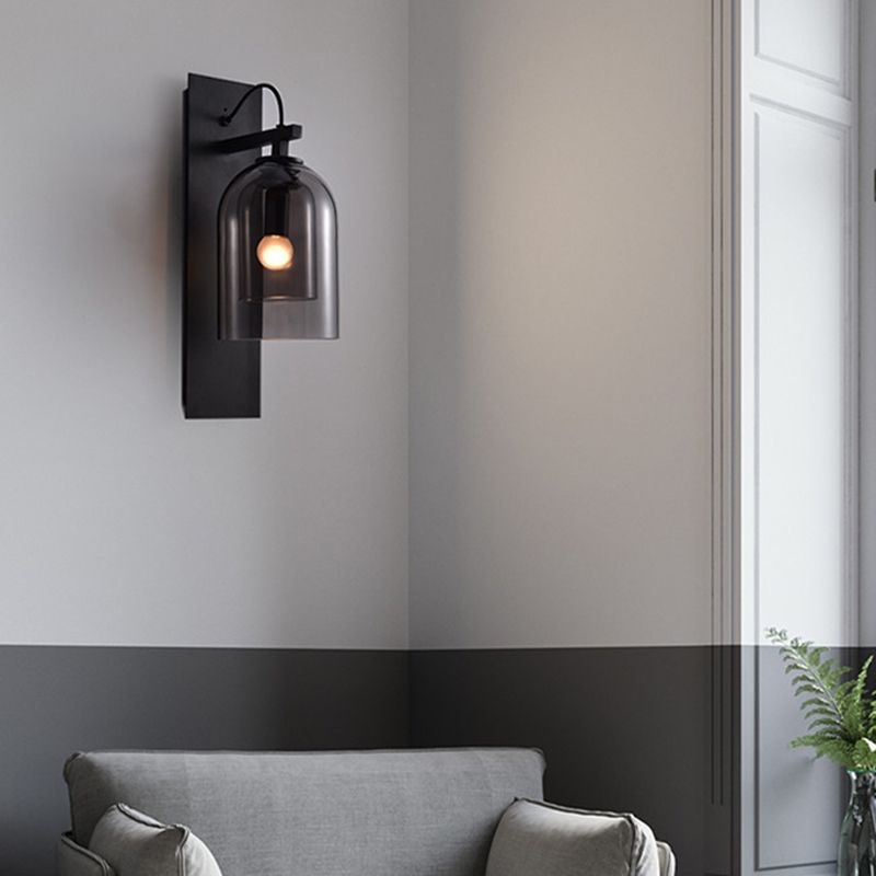 1 Bulb Living Room Sconce Fixture Mid-Century Black Wall Light with Dual Dome Glass Shade