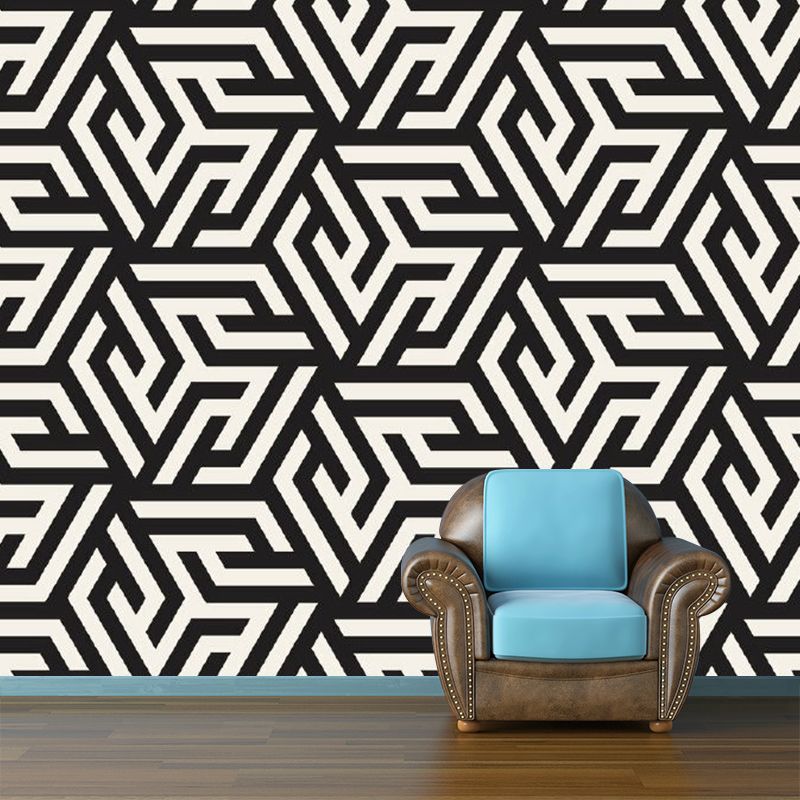 Geometry Maze Mural Wallpaper Modern Style Non-Woven Wall Decor in Black and White