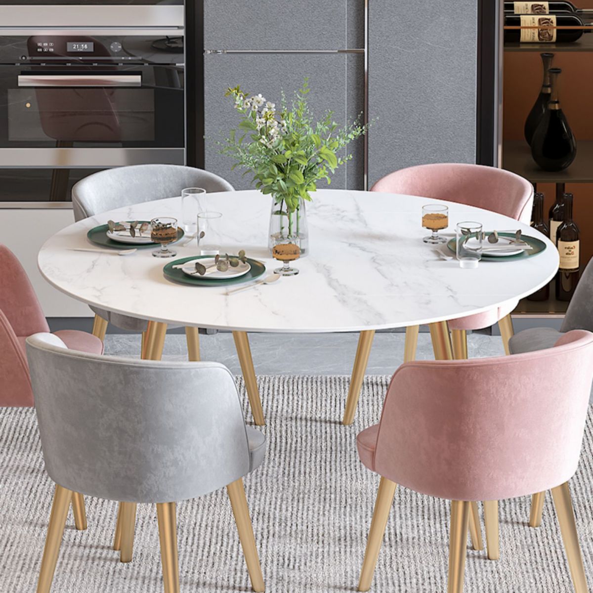 Scandinavian Sintered Stone Top Dining Set Round Table Dining Furniture with Drop Leaf