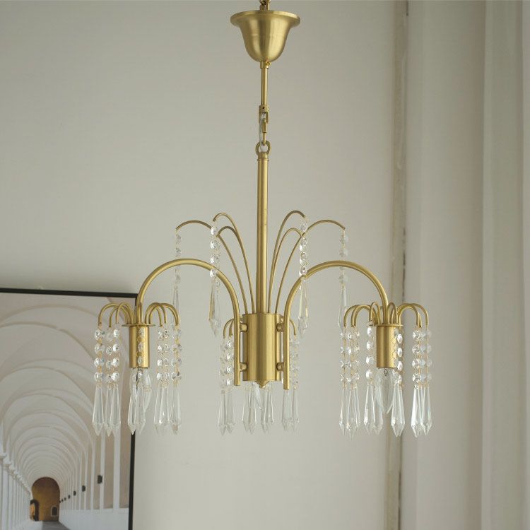 Country Style Branch Pendant Lamp Crystal Beading Chandelier in Brass for Cafe