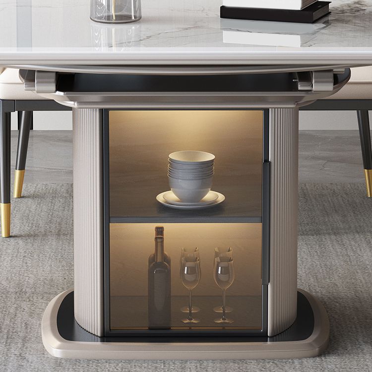 Stone Tabletop Round Extendable Dining Table in White with Storage