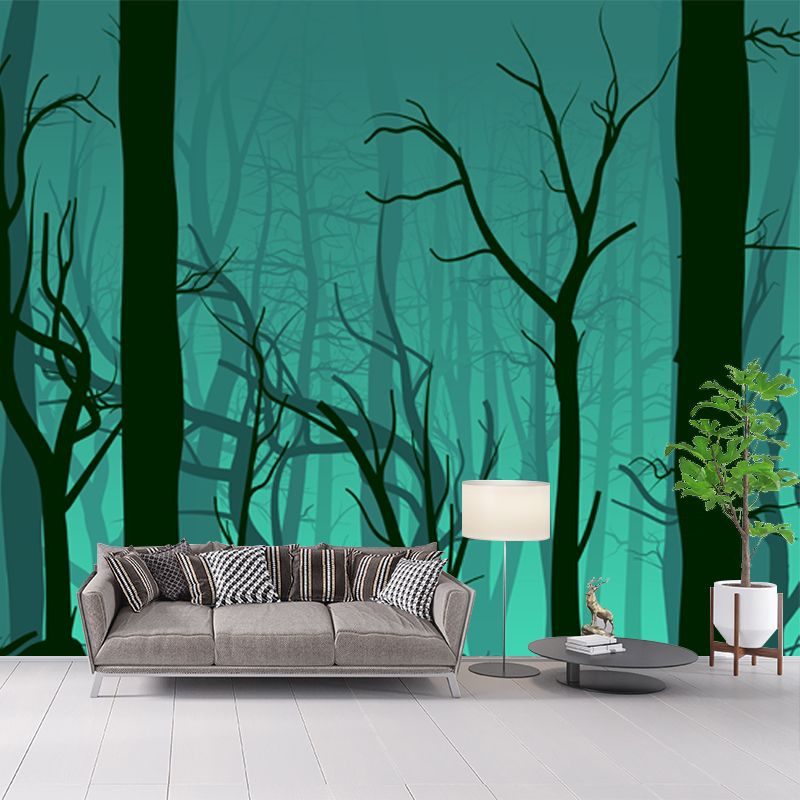 Night Bare Trees Wall Mural Green Artistry Wall Decoration for Bedroom, Custom Printed