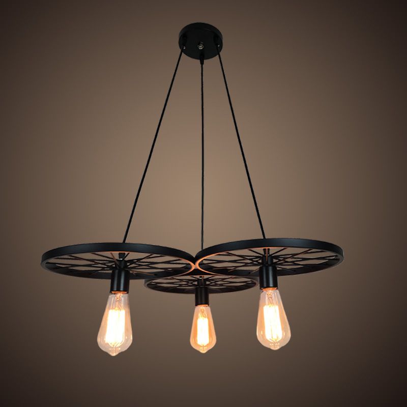 3/6 Lights Iron Hanging Chandelier Farmhouse Black Wheel Bistro Ceiling Pendant Lamp
