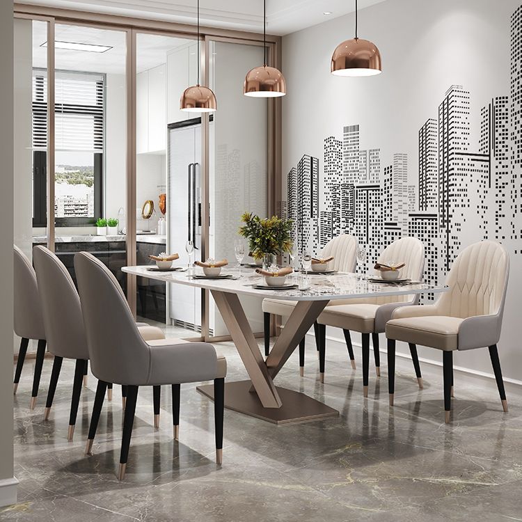 Luxury Rectangular Stone Top Dining Table with Gold Steel X-Base