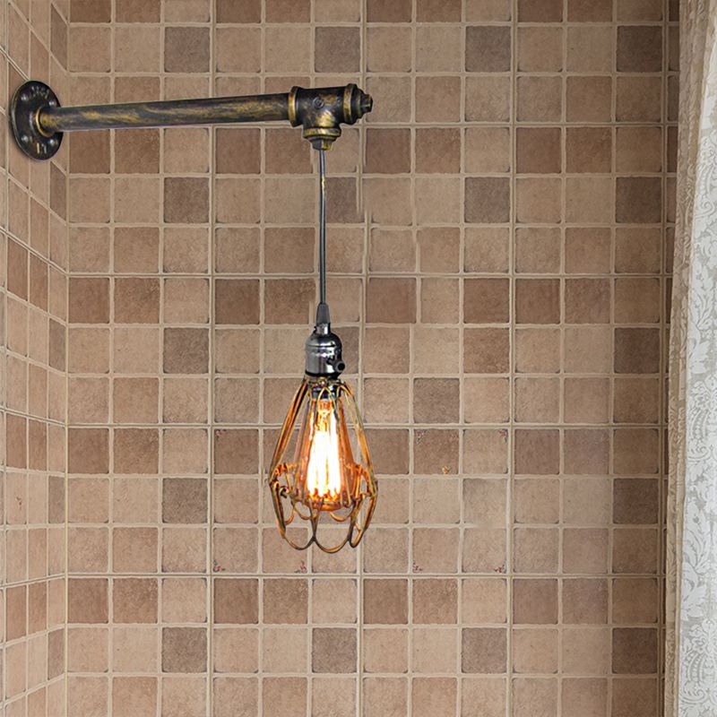 Metal Caged Wall Sconce Lamp Industrial 1 Bulb Restaurant Wall Mount Pipe Light in Brass