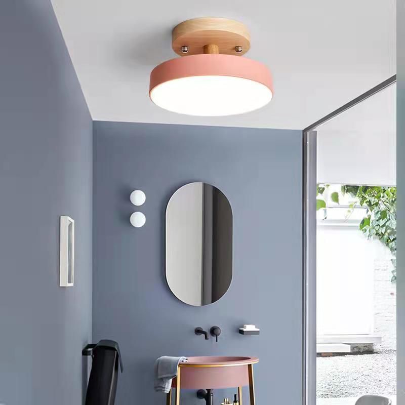 Drum Wood Semi Flush Mount Light Fixture Simple Style LED Ceiling Mount Lighting