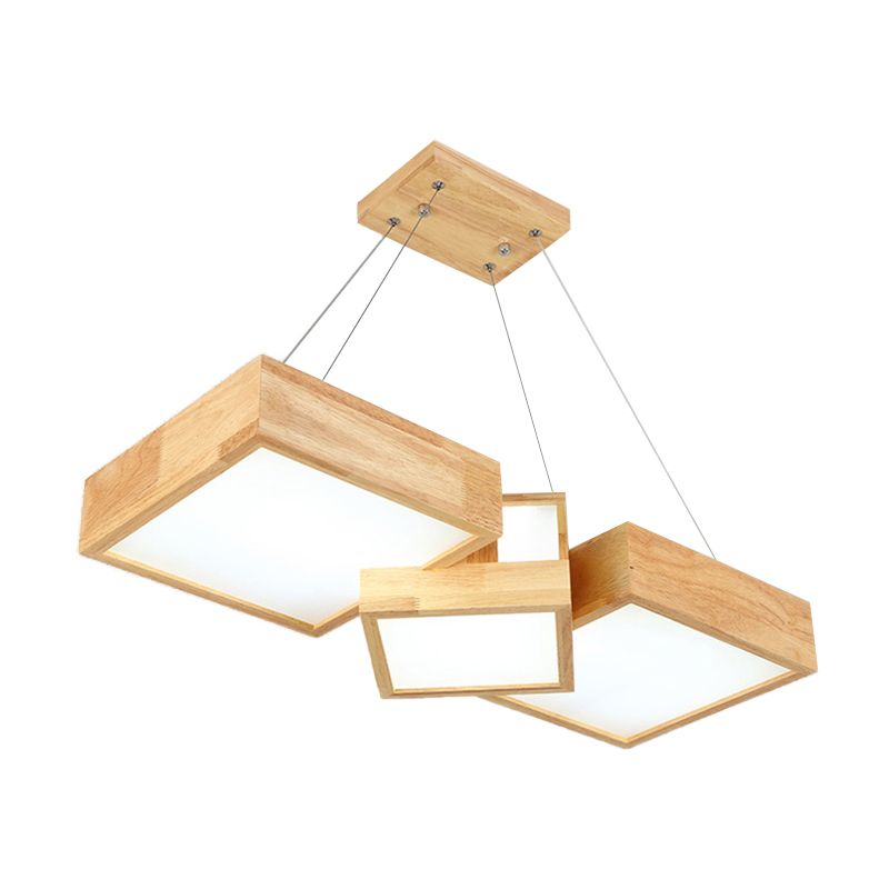 Modern Rhombus/Square LED Chandelier Pendant Wooden 3-Light Bedroom Ceiling Lamp in Warm/White