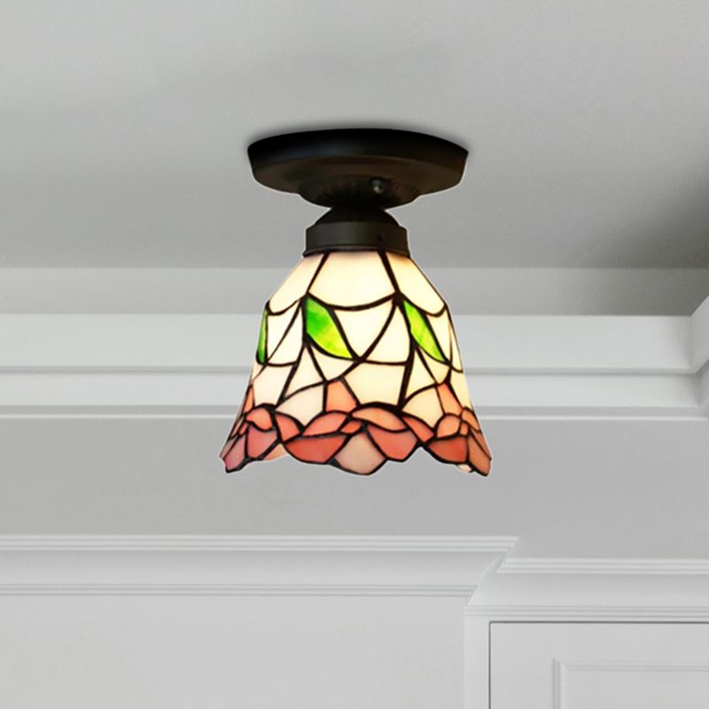 1-Head Flower/Bird/Phoenix Flower/Pink Rose/Red Rose Ceiling Mount Light Tiffany Rustic Stained Glass Ceiling Lamp in Black for Cloth Shop