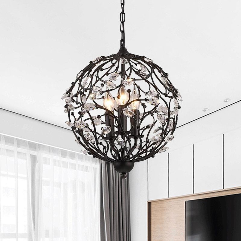 European Globe Hanging Chandelier 3-Head Beveled Glass Crystal Suspension Lamp in Black
